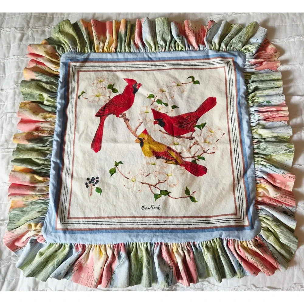 Handmade Cardinal Bird Throw Pillow Cover 21x21 Ruffle Edge Zipper Vintage